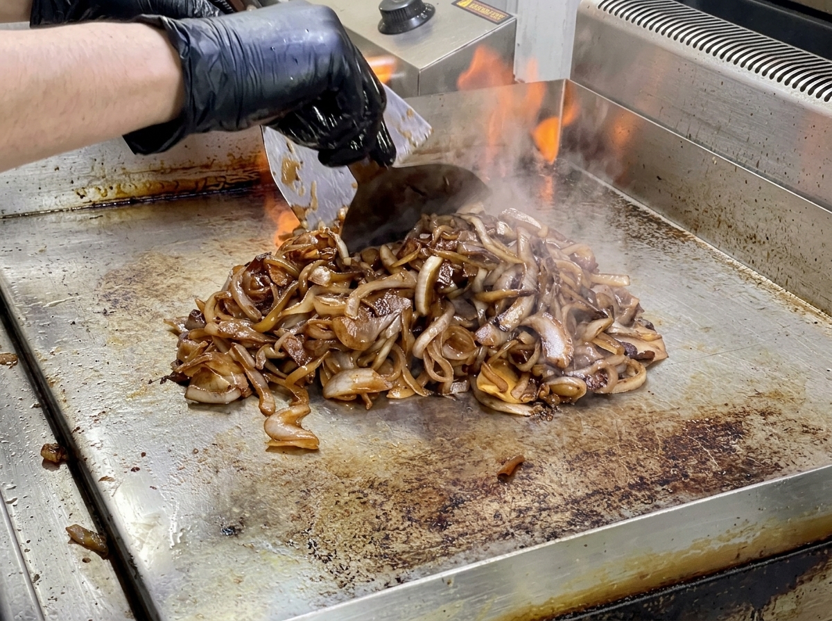 A pile of dark caramel-brown cooked onions being tossed with a metal scraper on a hot flat top griddle with flames in the background.