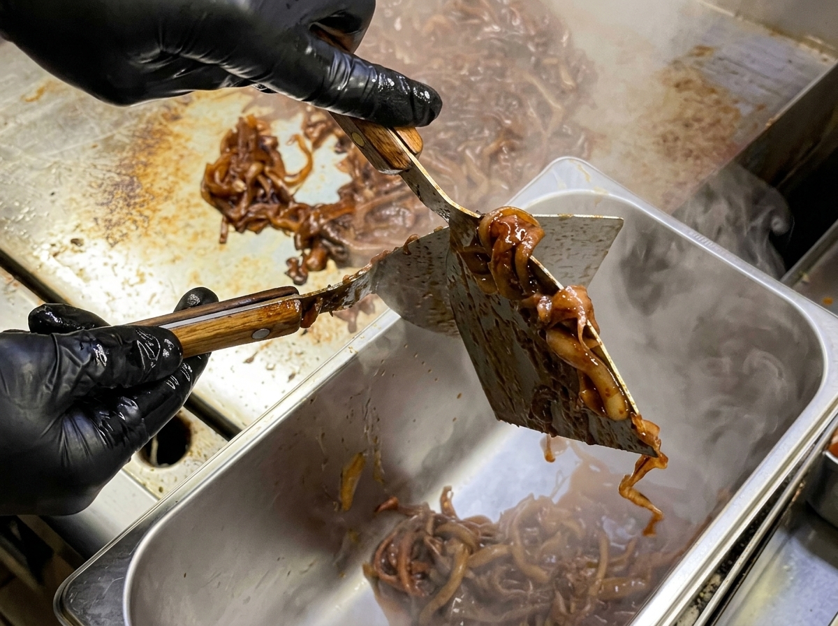 Spatulas lifting a portion of dark brown, glossy caramelized onions from a griddle into a stainless steel food pan.