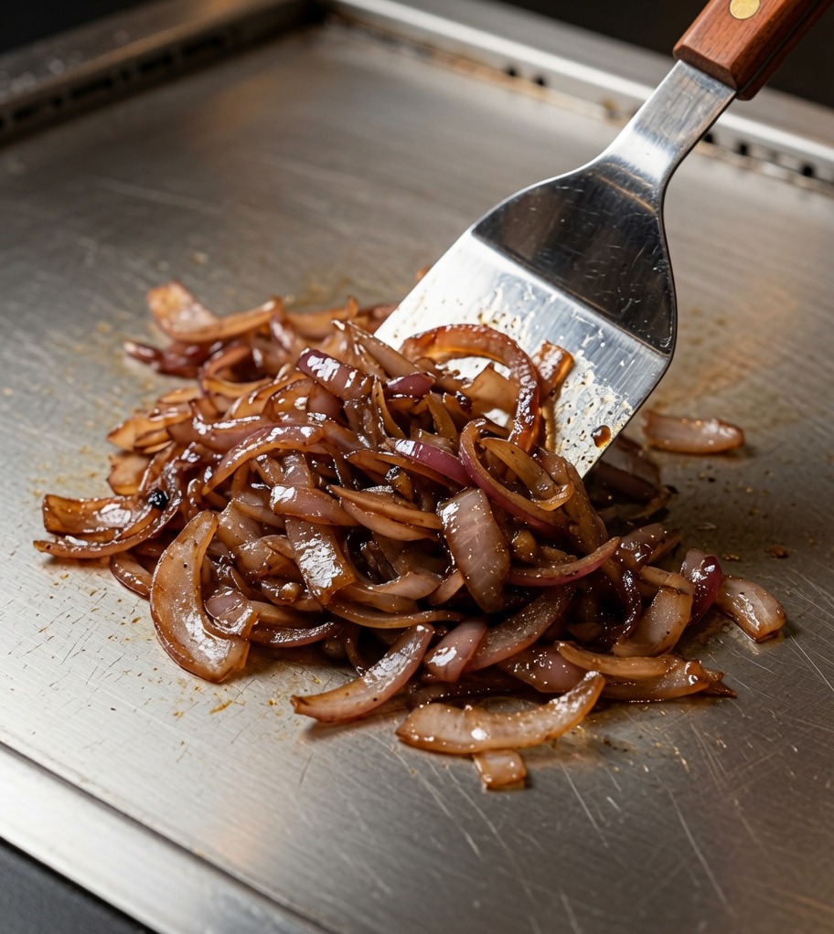 Deeply colored, caramelized onions being stirred in the pan.