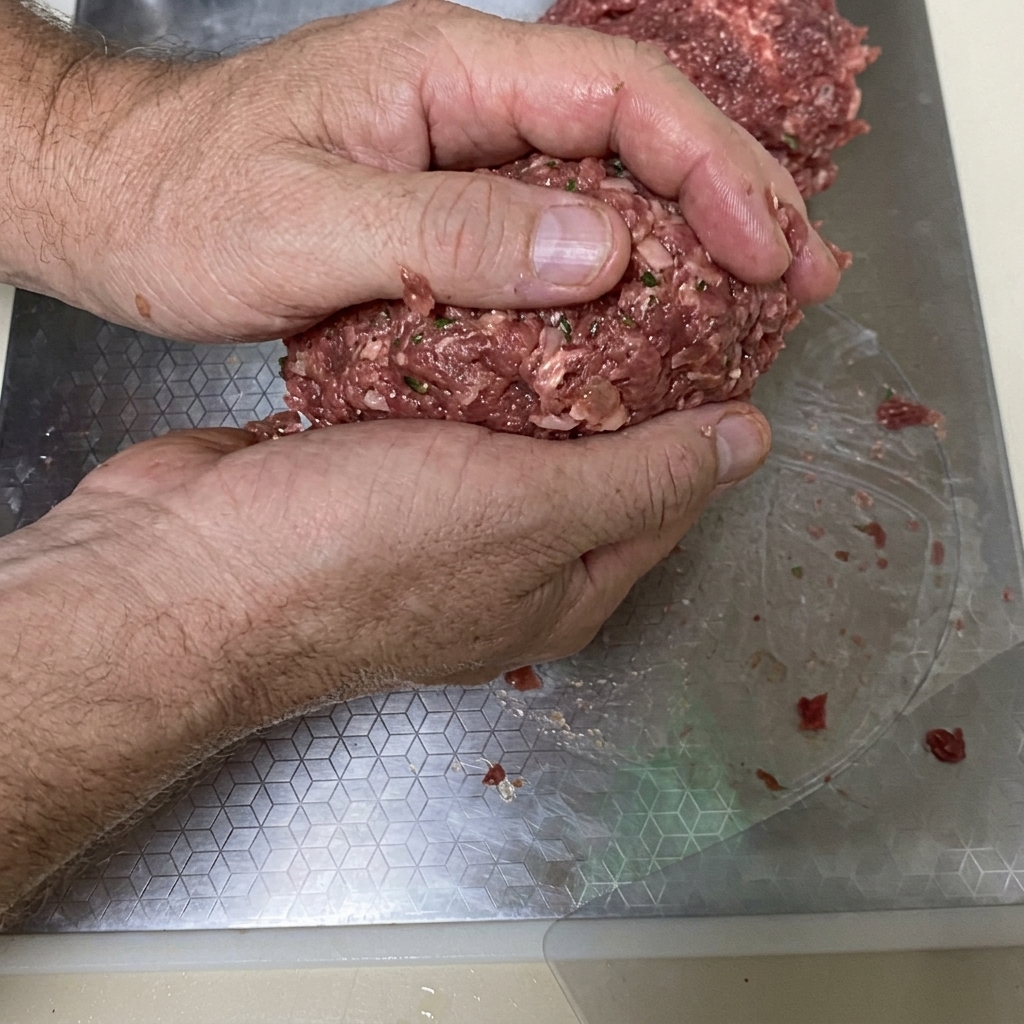 Hands shaping a large seasoned beef mixture into a round burger patty.