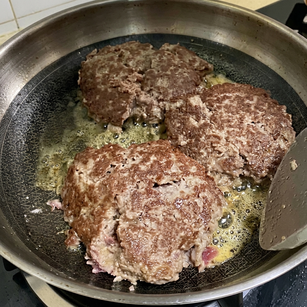 Three beef patties browning in a skillet with melted cheese slices resting on top.