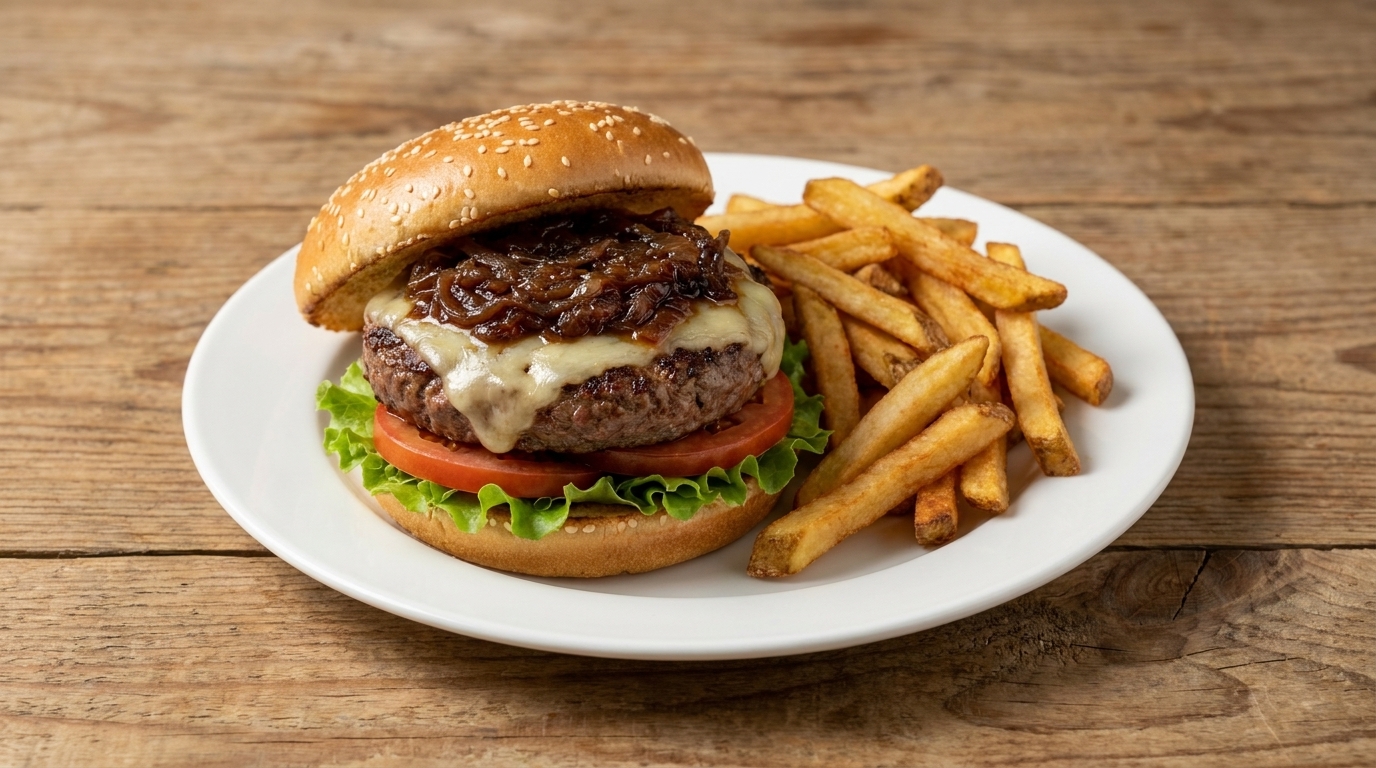 Gourmet Caramelized Onion Beef Burger