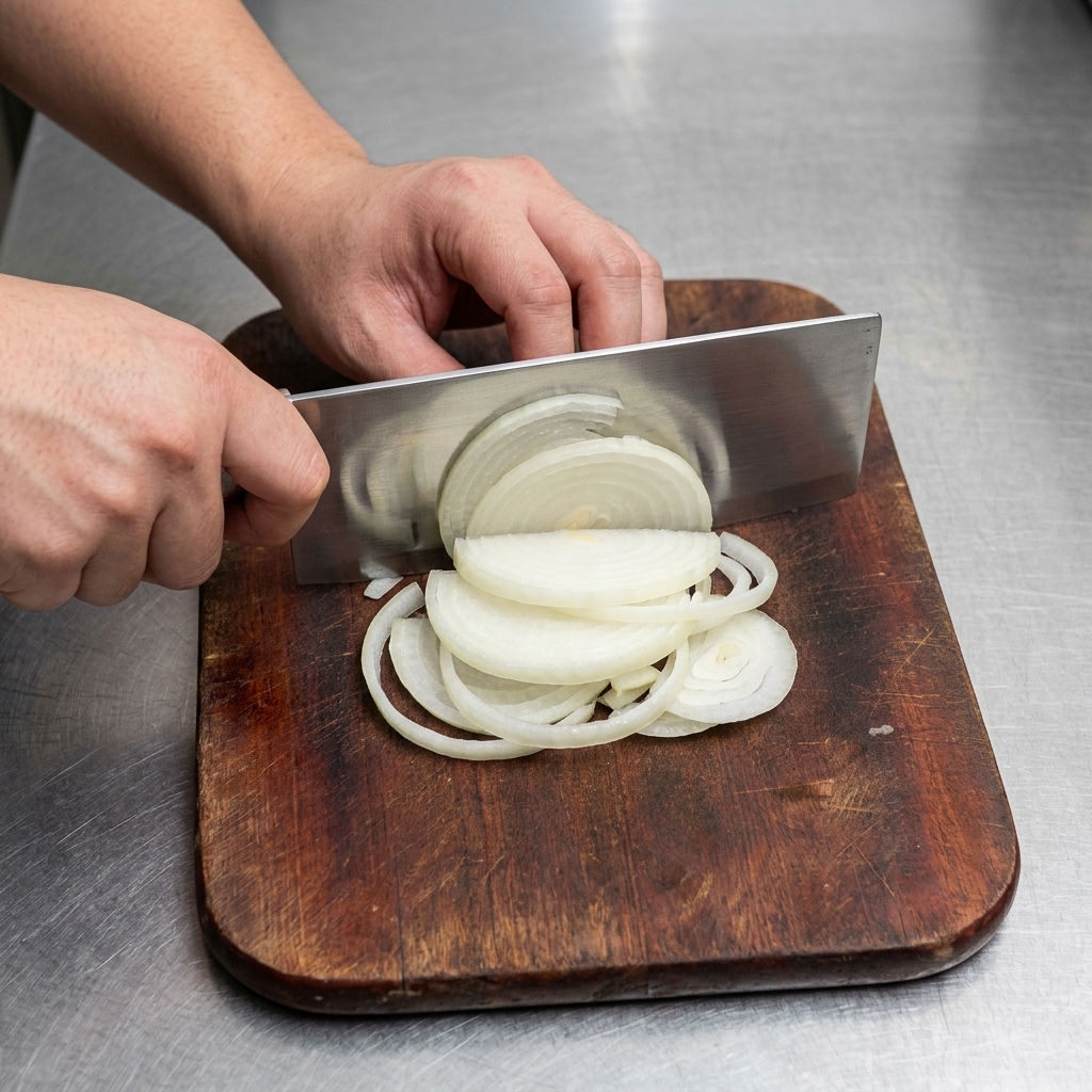 White onions sliced into thin strips arranged on a wooden board ready for the griddle.