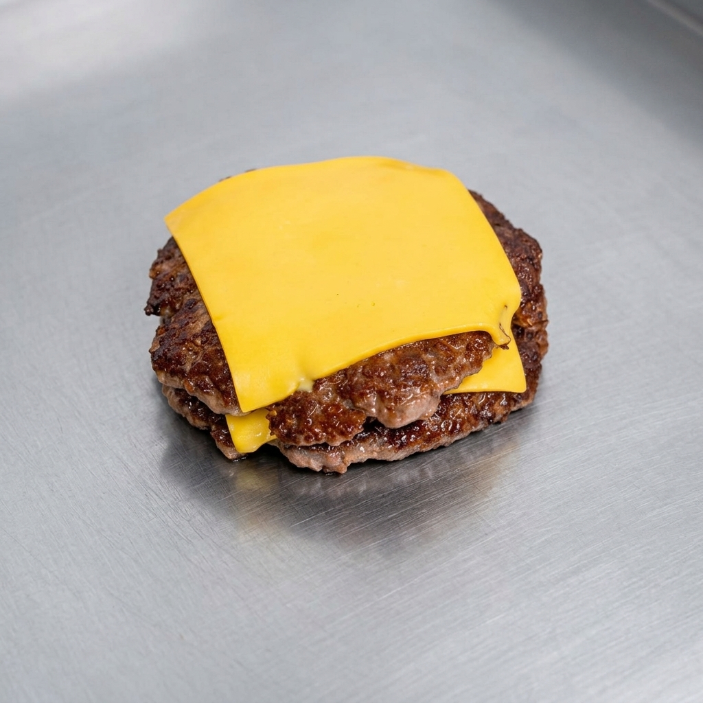 A hand using a tool to spread creamy sauce over the surface of a golden toasted burger bun.