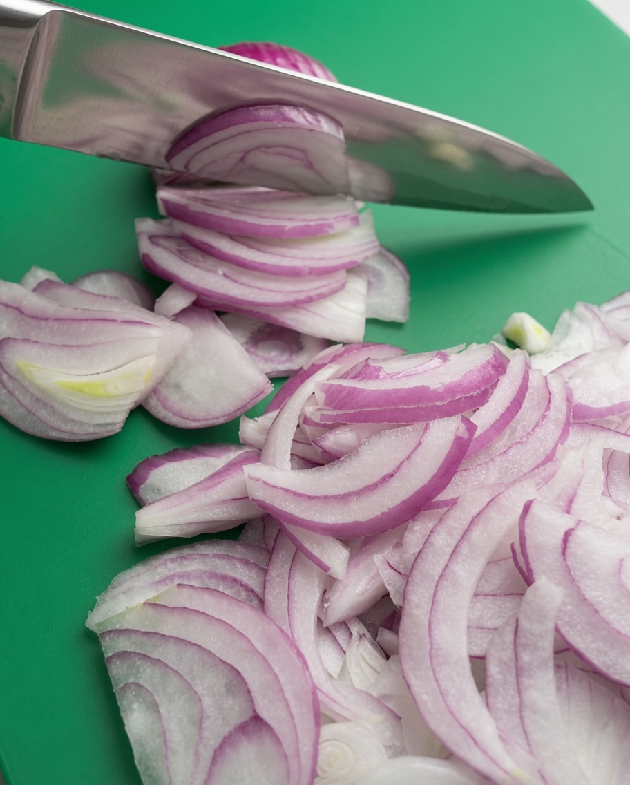 Onions being carefully sliced into thin, even strips on a green cutting board, ready for the pan.