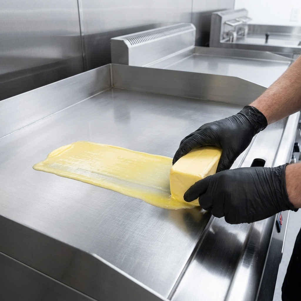 Slices of onion being spread out on a hot, oiled griddle surface to begin the caramelization process.