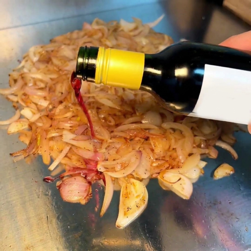 Red wine being poured over caramelized onions on a hot griddle, creating a rich, flavorful reduction.