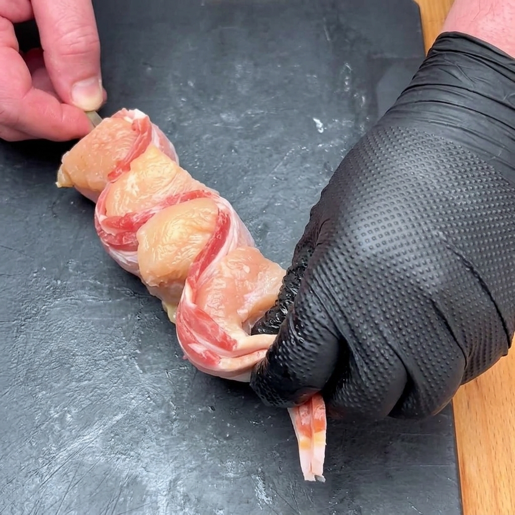 A hand wrapping a bacon strip around a chicken cube and securing it on a metal skewer.