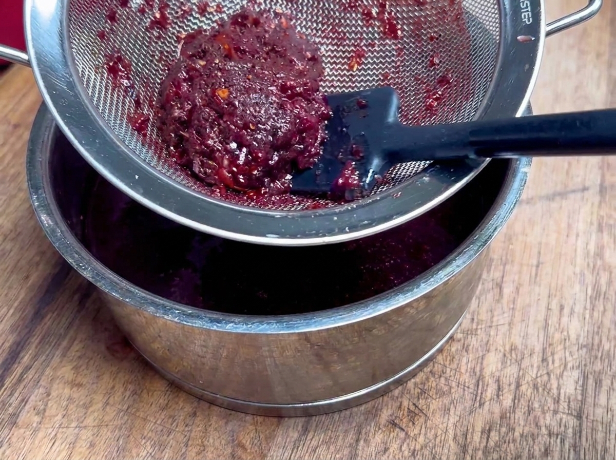 A close-up of a silicone spatula pressing dark purple fruit sauce through a metal mesh sieve into a stainless steel pot.