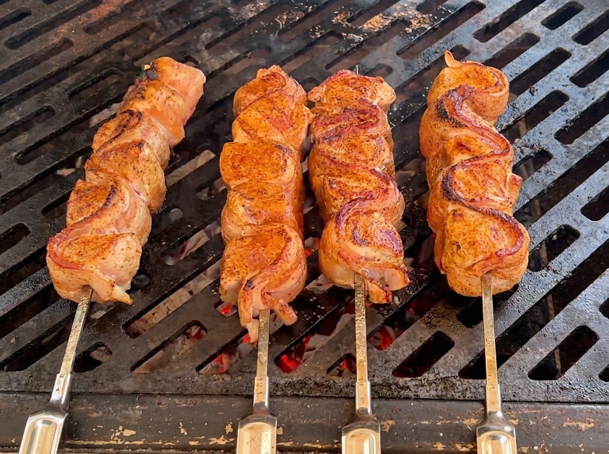 Four skewers wrapped in bacon sitting on grill grates, being brushed with a glossy, dark red-purple cherry glaze.