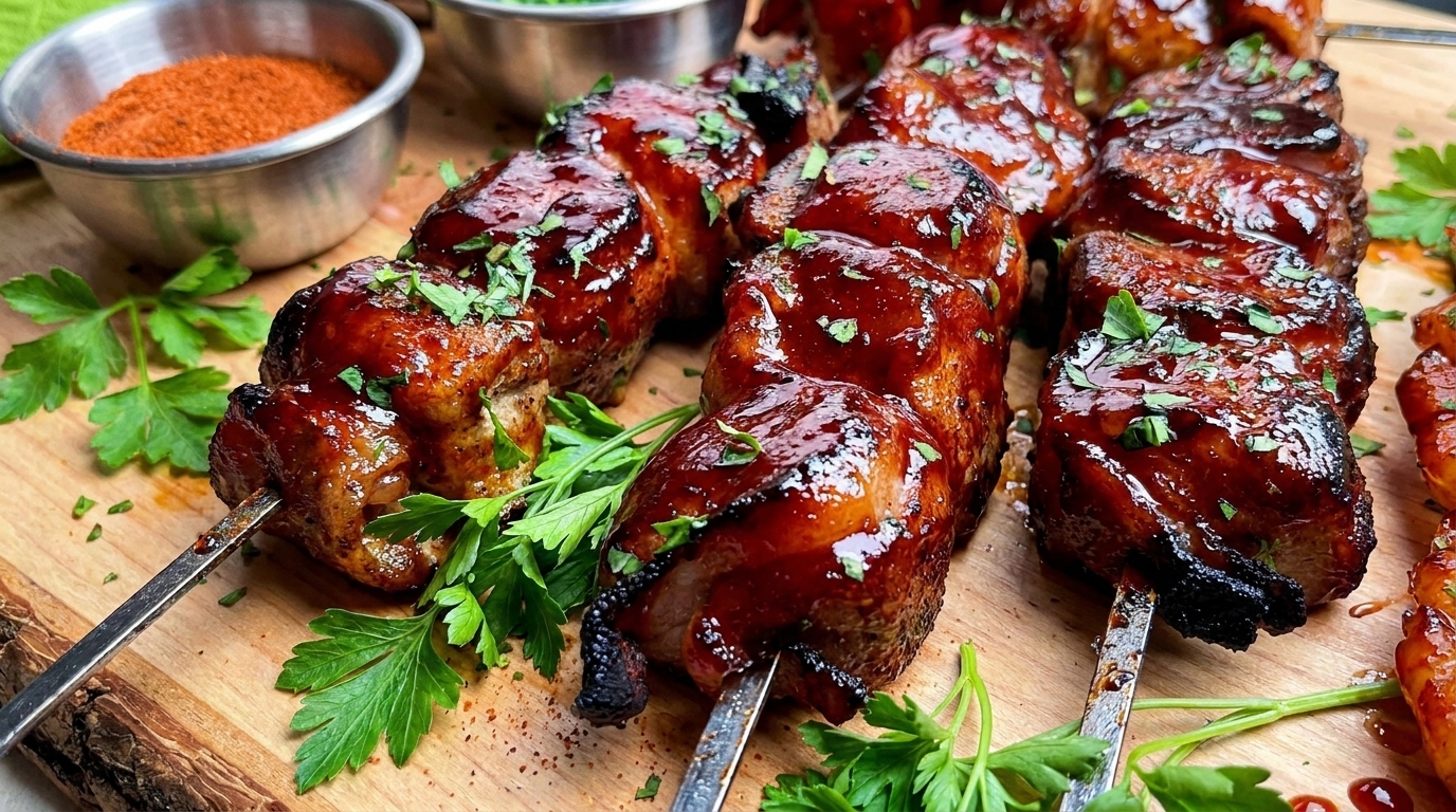 Cherry Bourbon Bacon Chicken Skewers