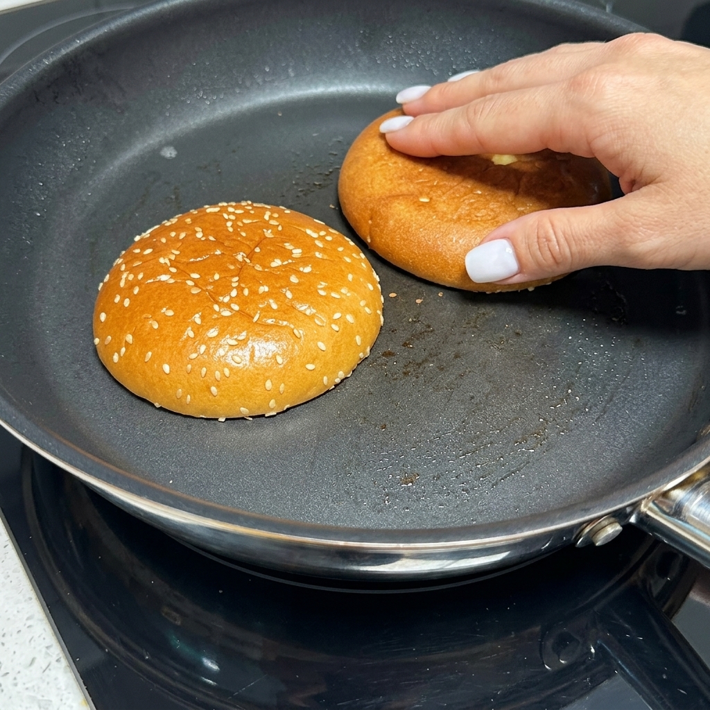 Hamburger bun halves browning in a dry pan.