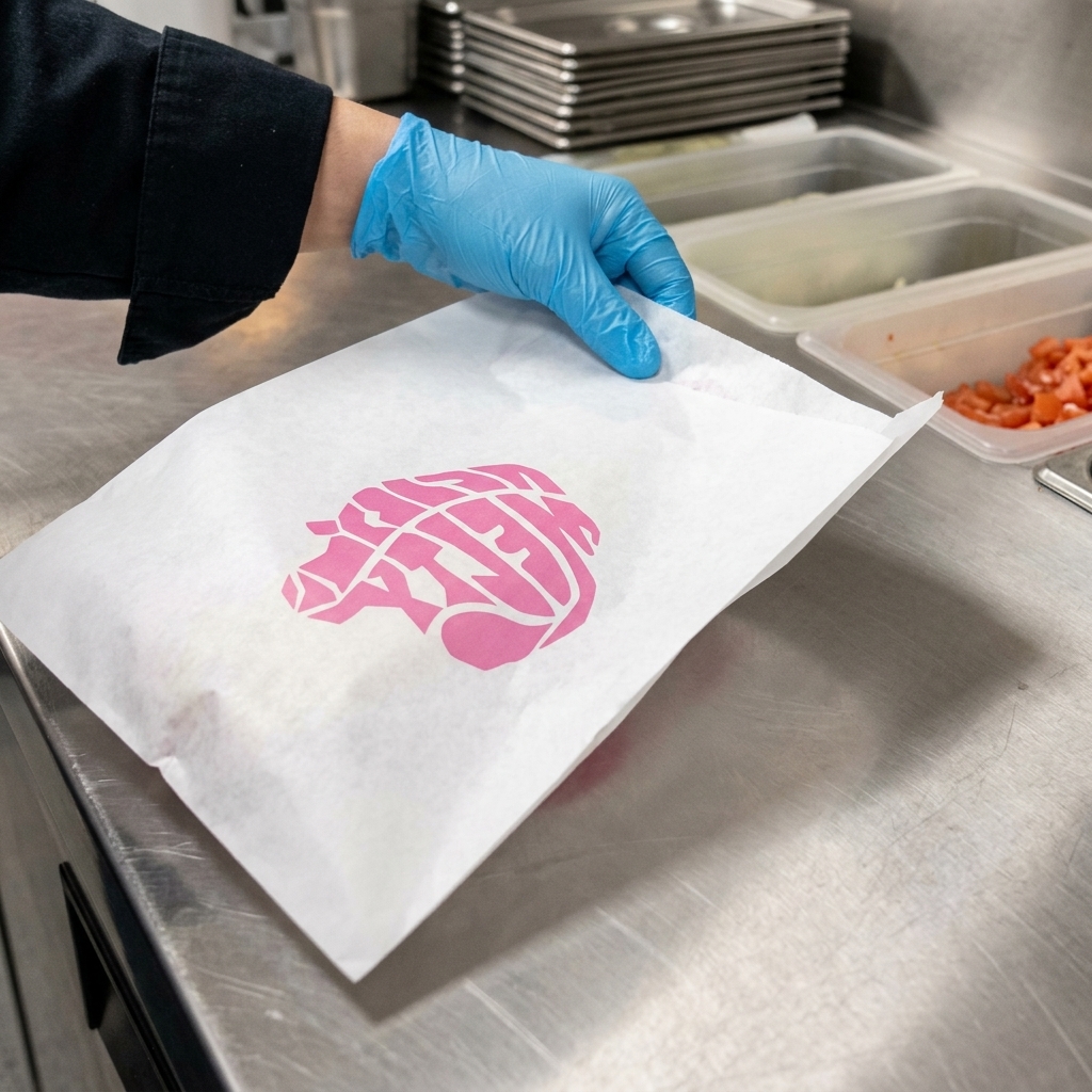 A close-up view of a Burger King branded parchment paper sheet spread out on a stainless steel prep station.