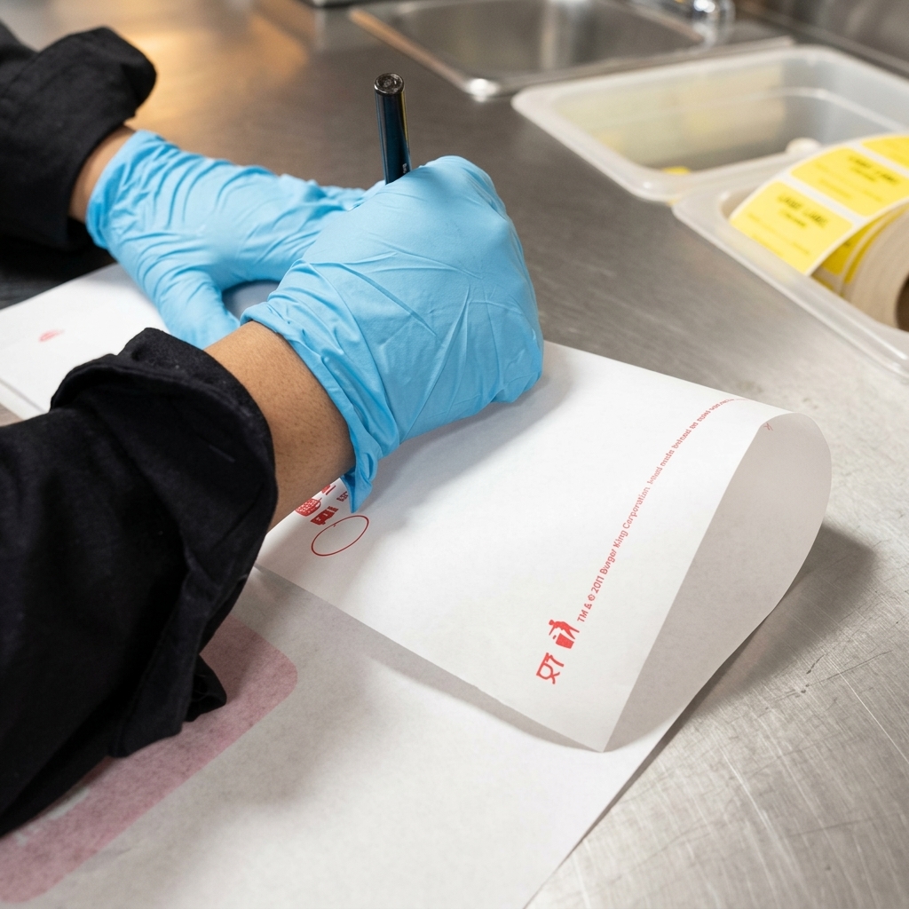 A hand wearing a blue nitrile glove using a black marker to write on a white Burger King wrapper.