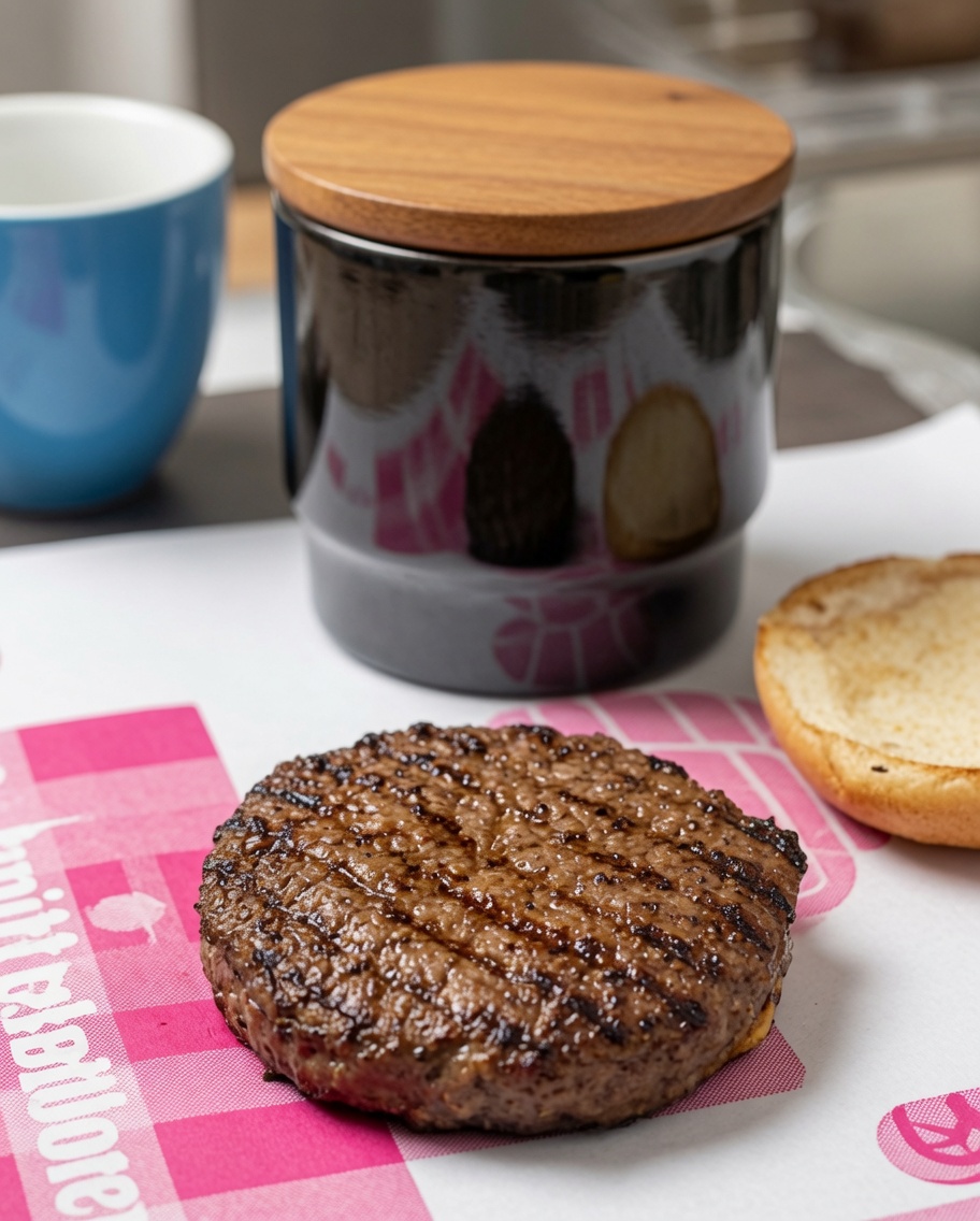 Close-up view of salt and black pepper being sprinkled onto a hot beef patty.