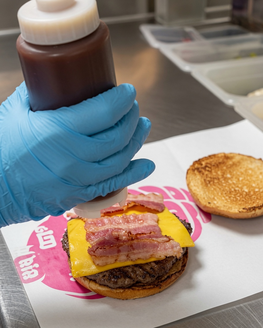 Barbecue sauce being drizzled in a zigzag pattern over the bacon and cheese layers.