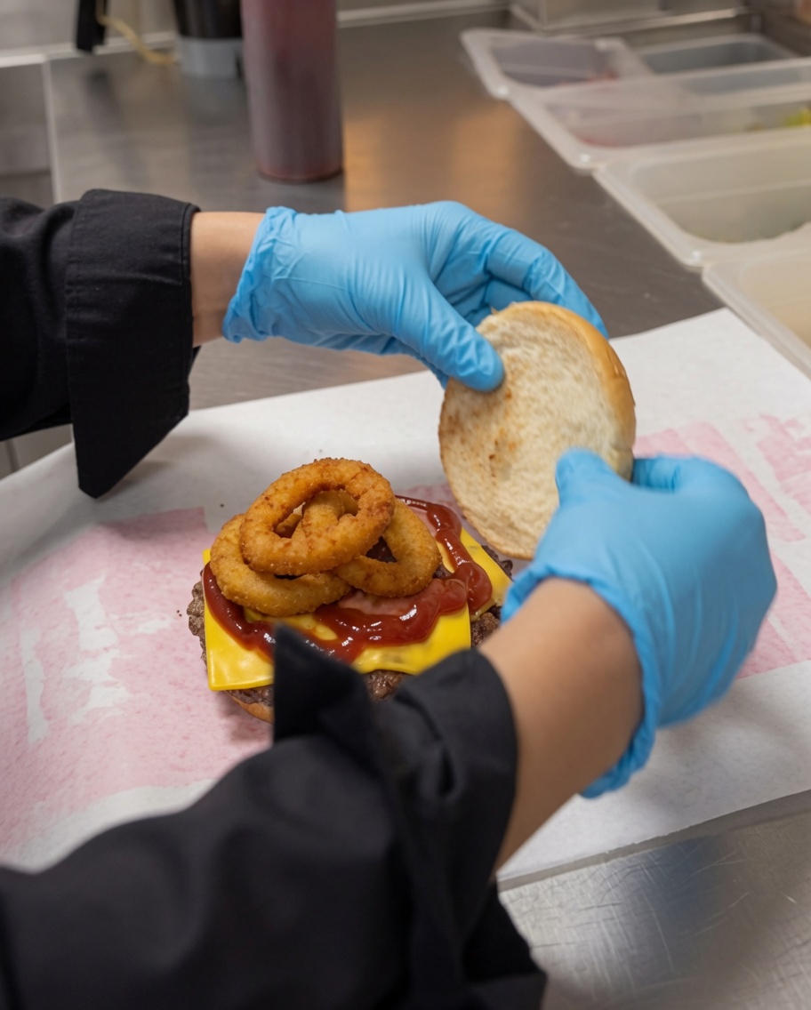 The top bun being placed onto the burger, with hands visible wrapping it in branded paper.