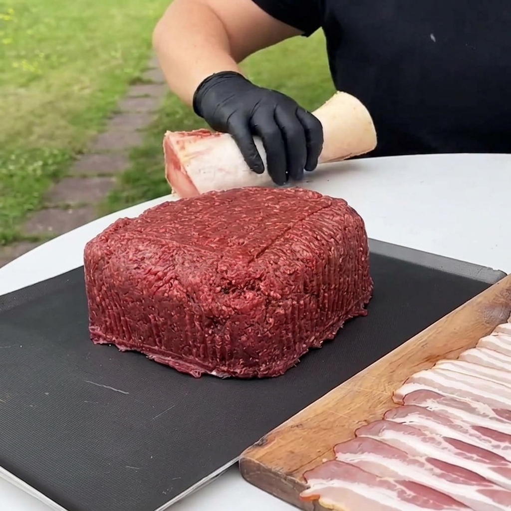 A large, square-shaped raw ground beef patty on a black mat with a beef bone being centered into it.
