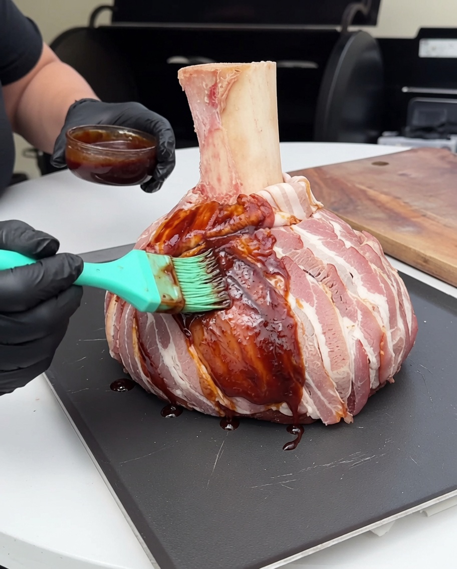 A bacon-wrapped beef block being brushed with a thick, dark brown barbecue sauce using a silicone brush.