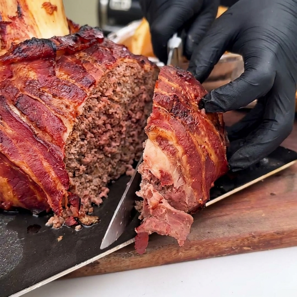 A thick, juicy slice of bacon-wrapped, barbecue-sauced beef patty being placed onto a cheese-topped bun.
