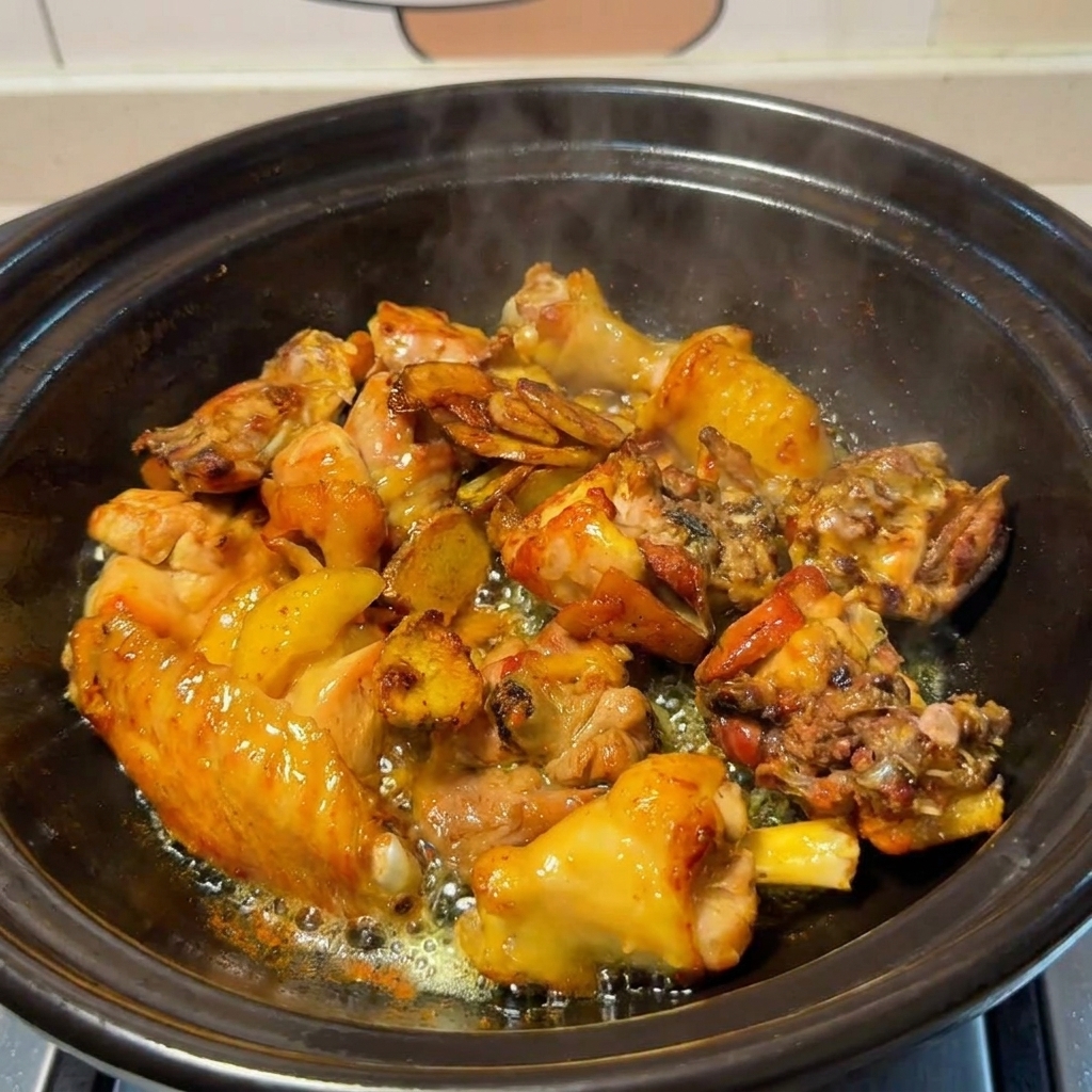Chicken in a clay pot being combined with fried ginger, rehydrated mushrooms, and mushroom soaking liquid.