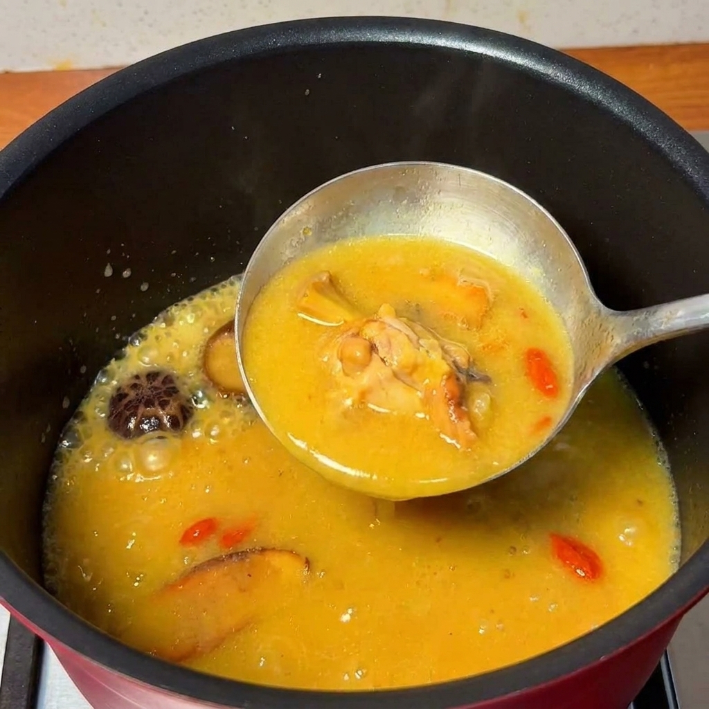 A ladle transferring golden chicken soup with mushrooms and red dates into a larger pot.