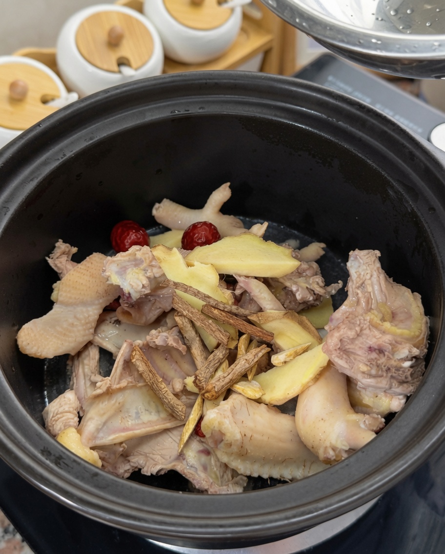 Pouring water over chicken bones, ginger slices, red dates, and dried herbs in a clay pot.