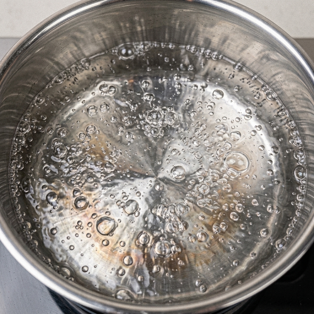 Broad Italian pasta noodles cooking in a large pot of boiling water.