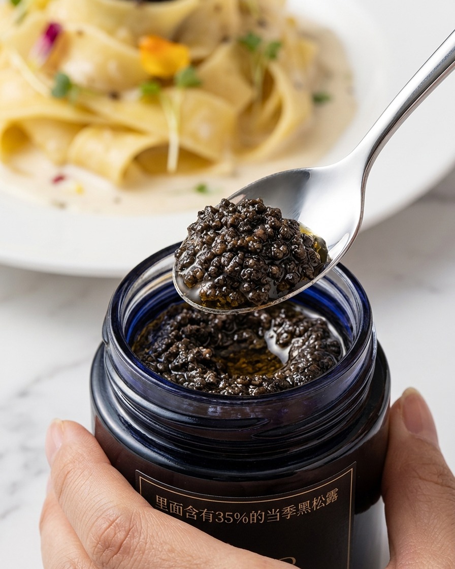 A spoonful of black truffle paste being added to the creamy pasta in the pan.