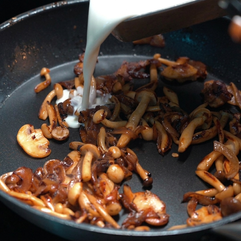 Creamy milk and heavy cream mixture being poured over the golden sautéed mushrooms.