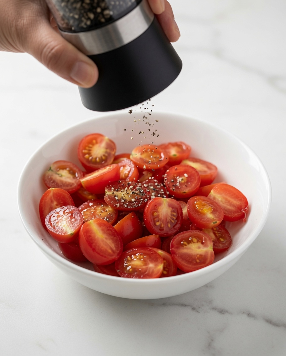 Seasoning being added to the bowl of cherry tomatoes with a salt and pepper grinder.