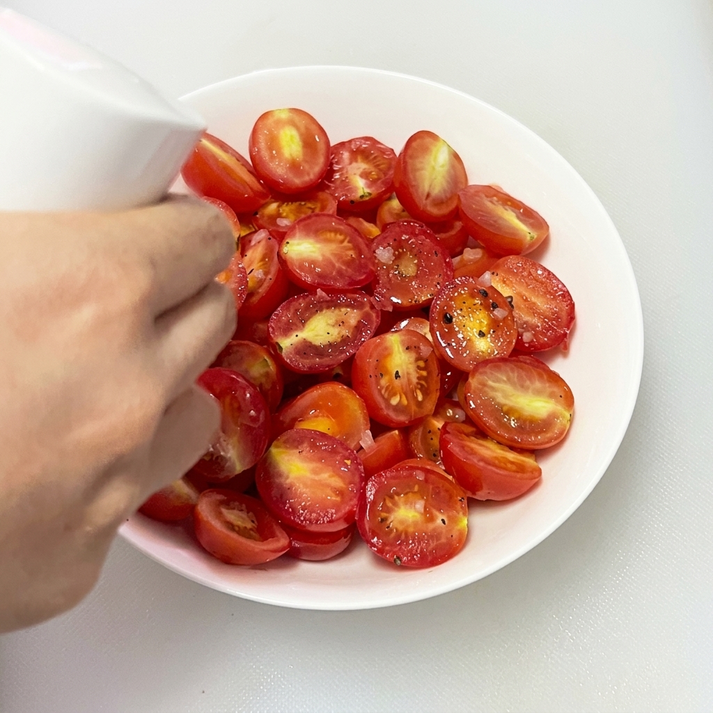 A light mist of olive oil being sprayed over the cherry tomatoes in the white bowl.