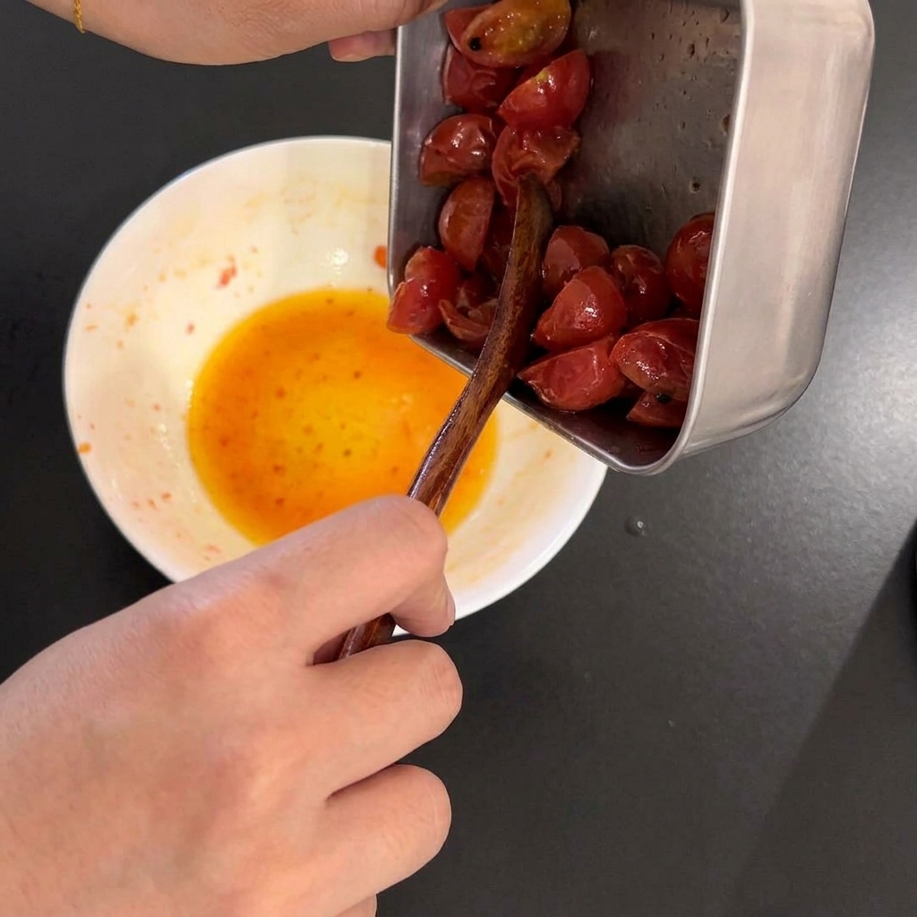 The cooked cherry tomatoes in a container with the excess liquid being carefully poured out.