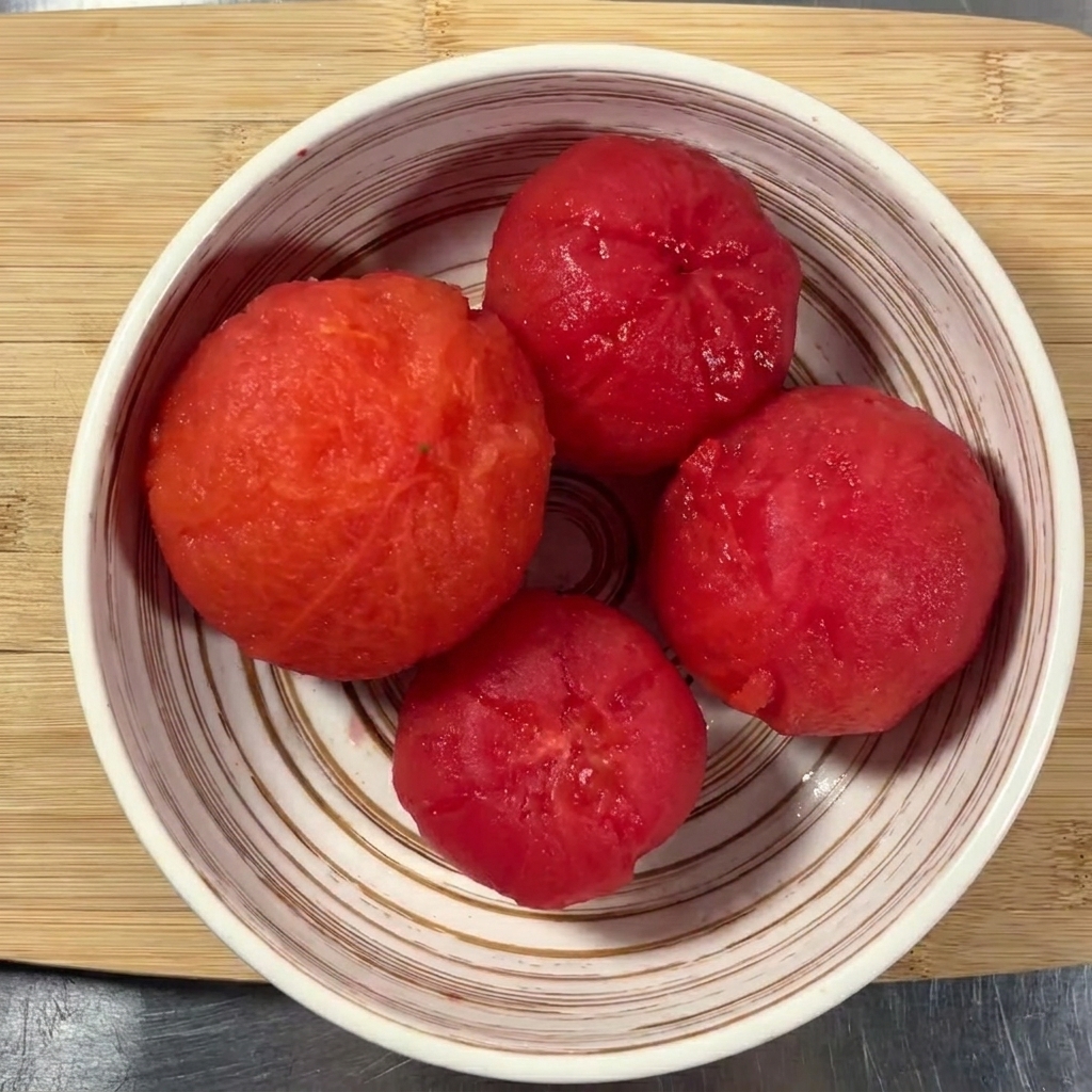 Four peeled tomatoes ready on a wooden cutting board, with a knife poised to dice them.