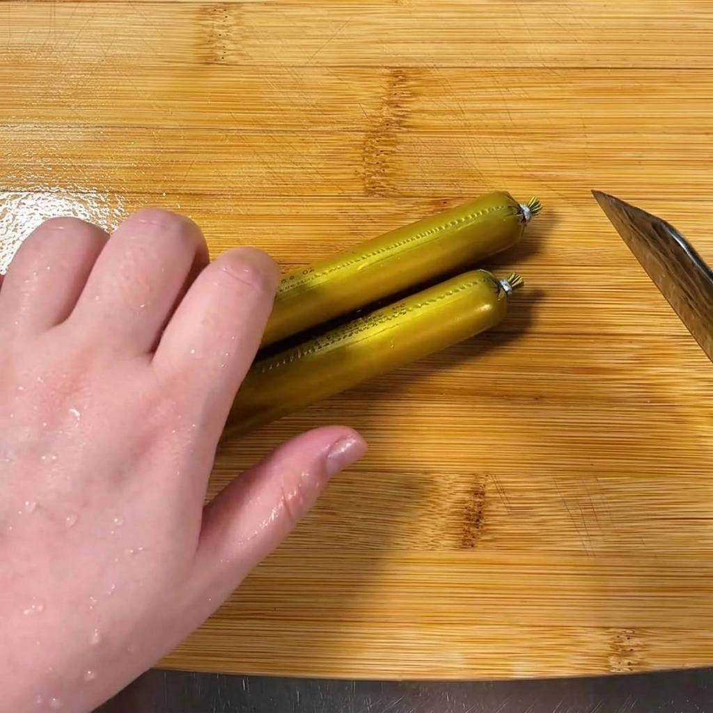A hand holding a knife slicing two sausages into thin rounds on a wooden cutting board.