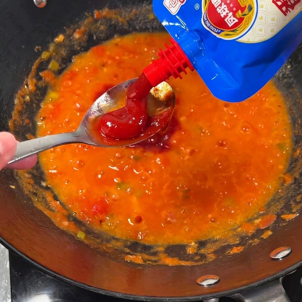 Tomato paste being squeezed onto a spoon over a bubbling tomato mixture in a wok.