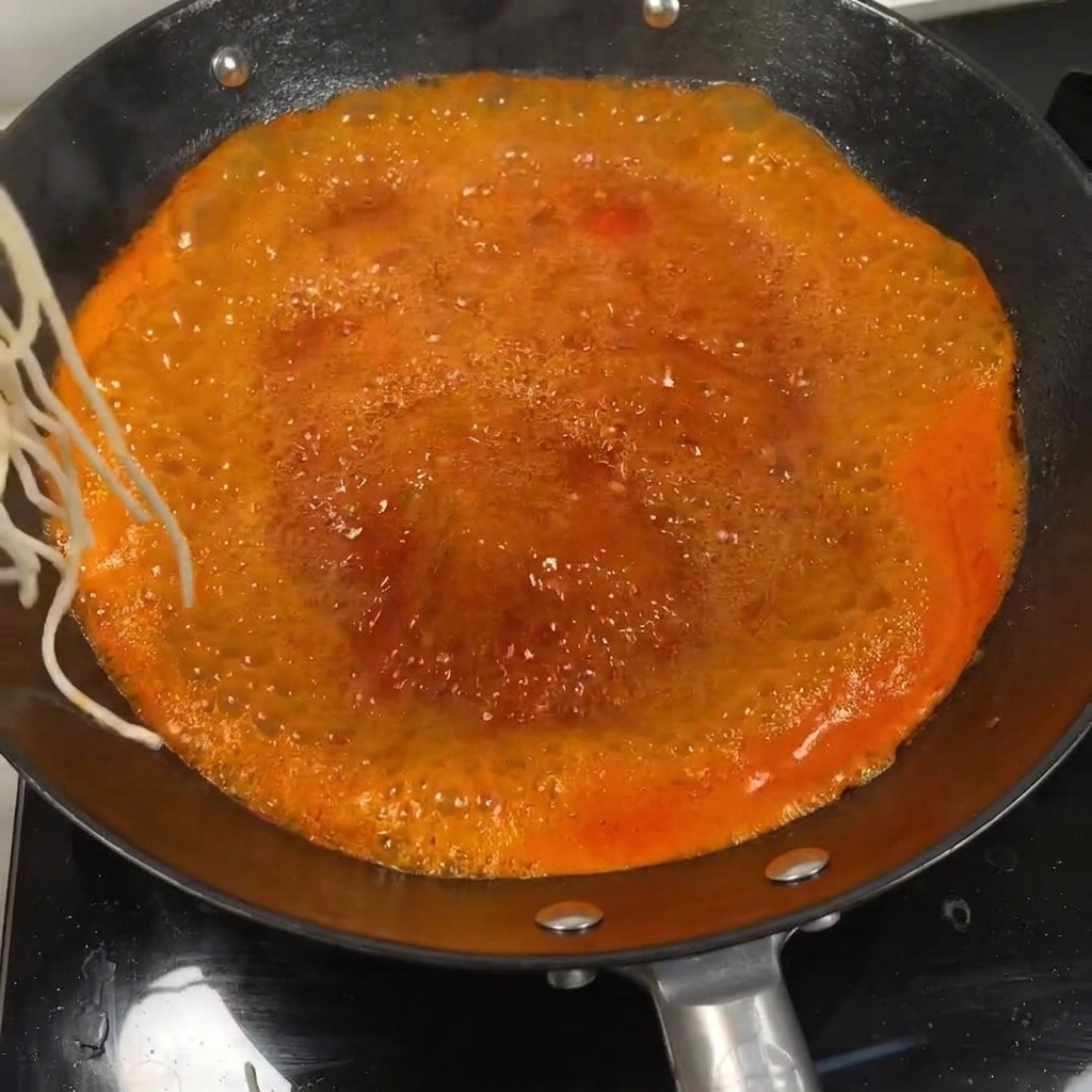 Noodles submerged in a vibrant, boiling tomato soup broth in a wok.