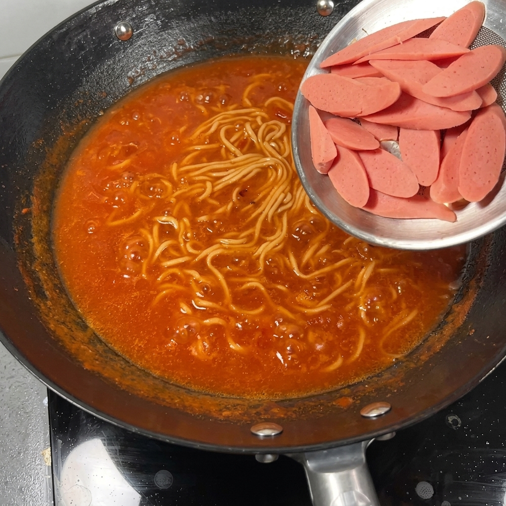 Slices of sausage and fresh baby bok choy being added to a bubbling pot of tomato noodle soup.