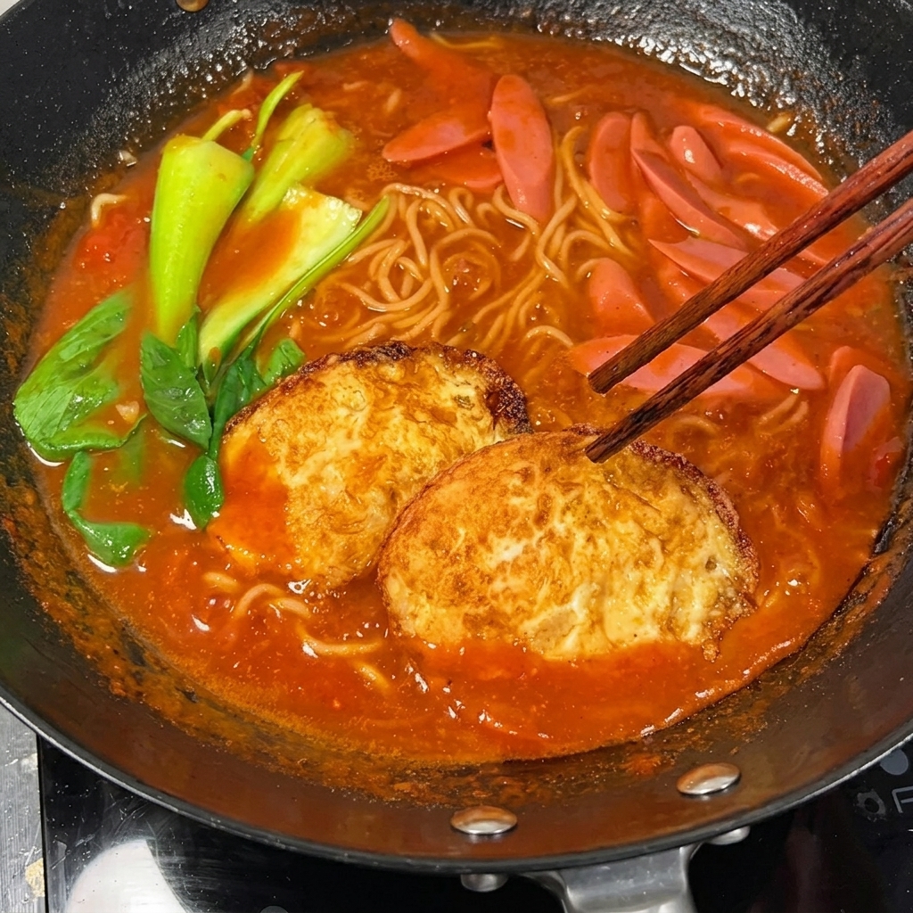 Two crispy fried eggs resting on top of a delicious, colorful bowl of tomato noodle soup.