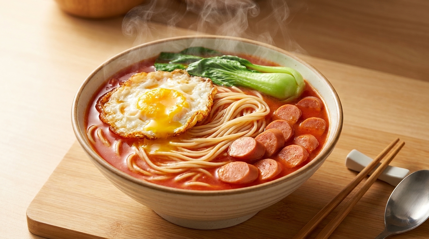 Tomato Rich Soup Noodles with Fried Egg
