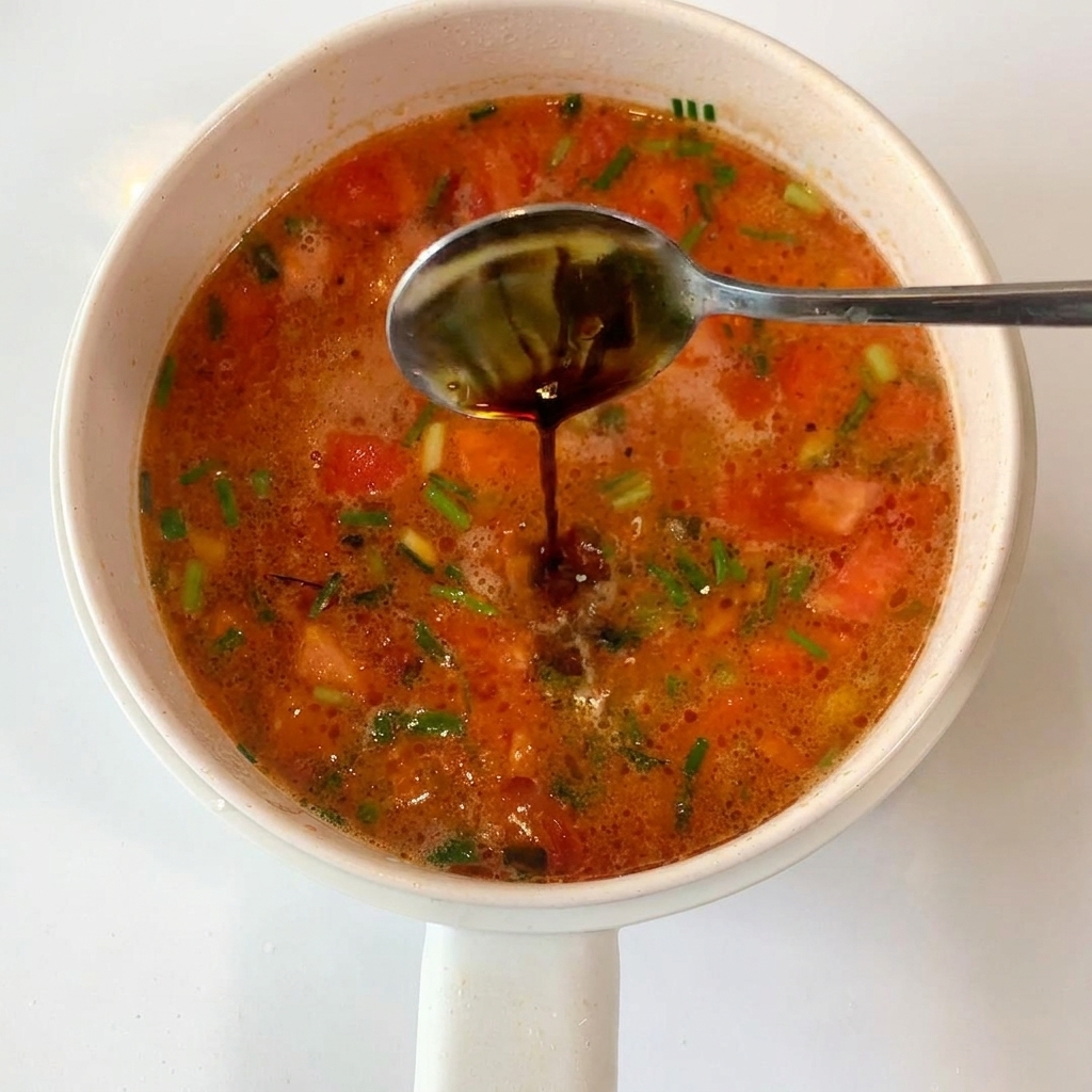A spoonful of dark sauce being added to the simmering tomato soup.