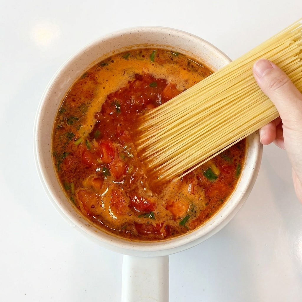 Long noodles being submerged into the bubbling tomato soup in the pot.