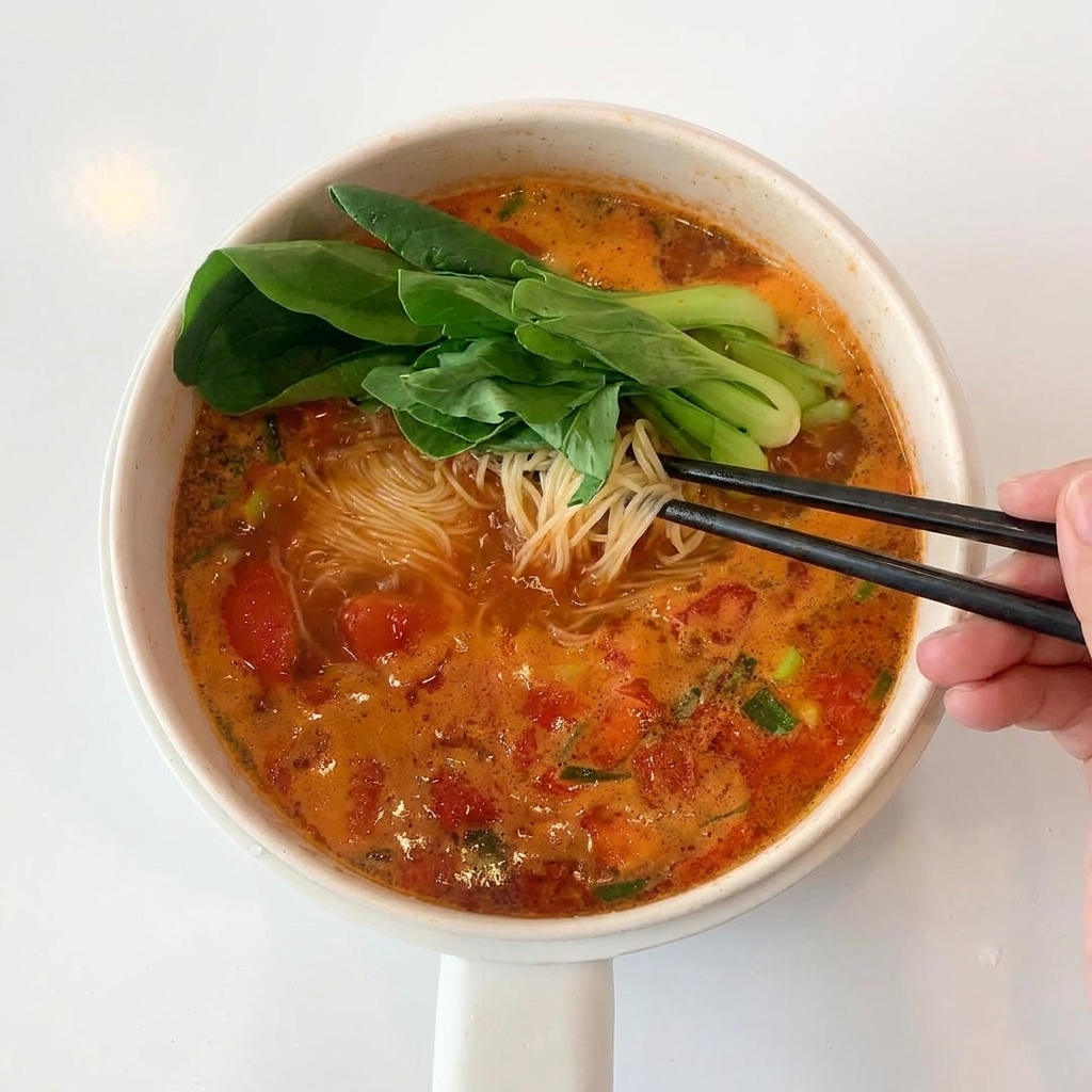 A close-up of a pot of boiling tomato soup, with noodles and green vegetables being stirred together.