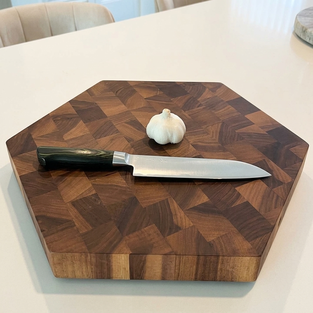 A close-up of a sharp kitchen knife slicing garlic cloves into thin pieces on a wooden board.