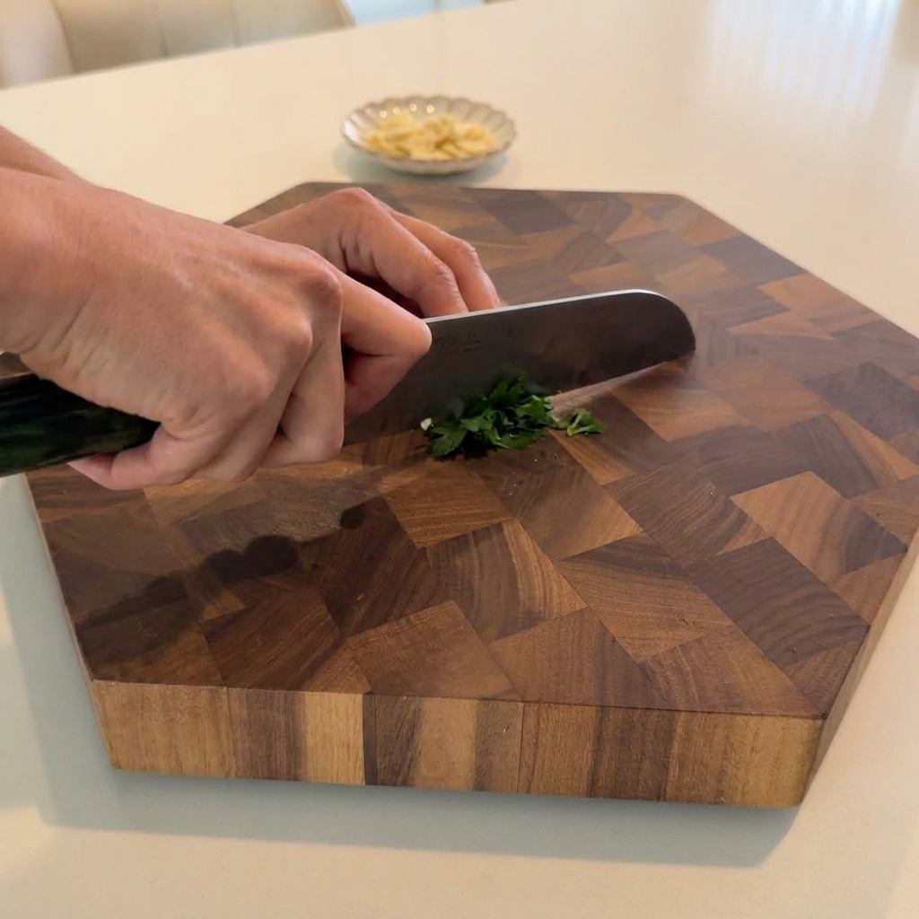 Fresh parsley being finely chopped with a knife on a wooden surface.