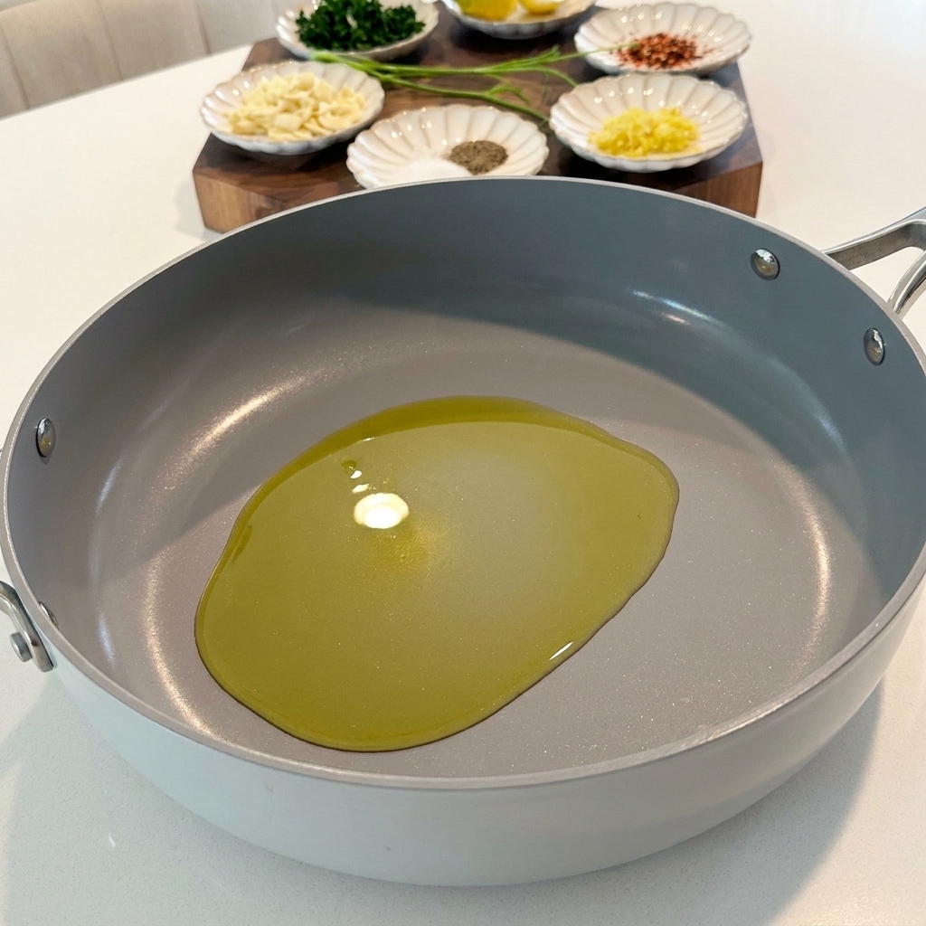 Extra virgin olive oil being poured into a large, clean skillet.