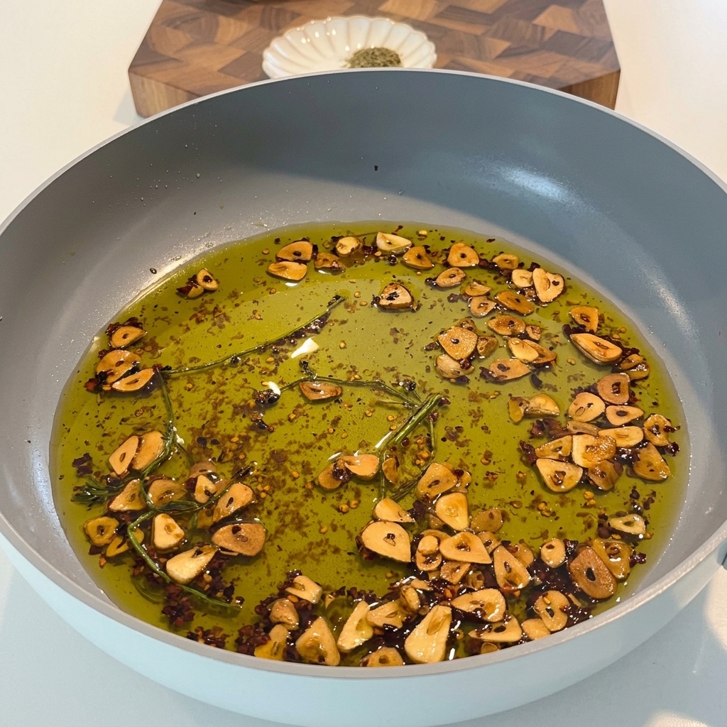 Pasta cooking water being poured into the pan to emulsify the oil, garlic, and herbs.