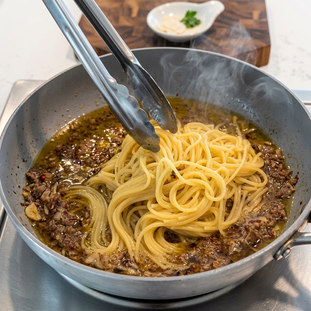 Al dente pasta being tossed with the prepared sauce in the skillet.