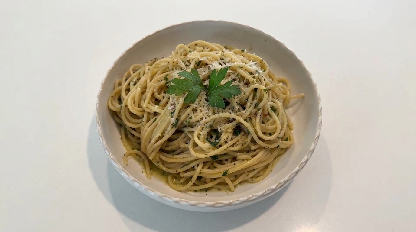 A bowl of glossy, lemon-infused pasta finished with fresh parsley and Parmesan cheese.