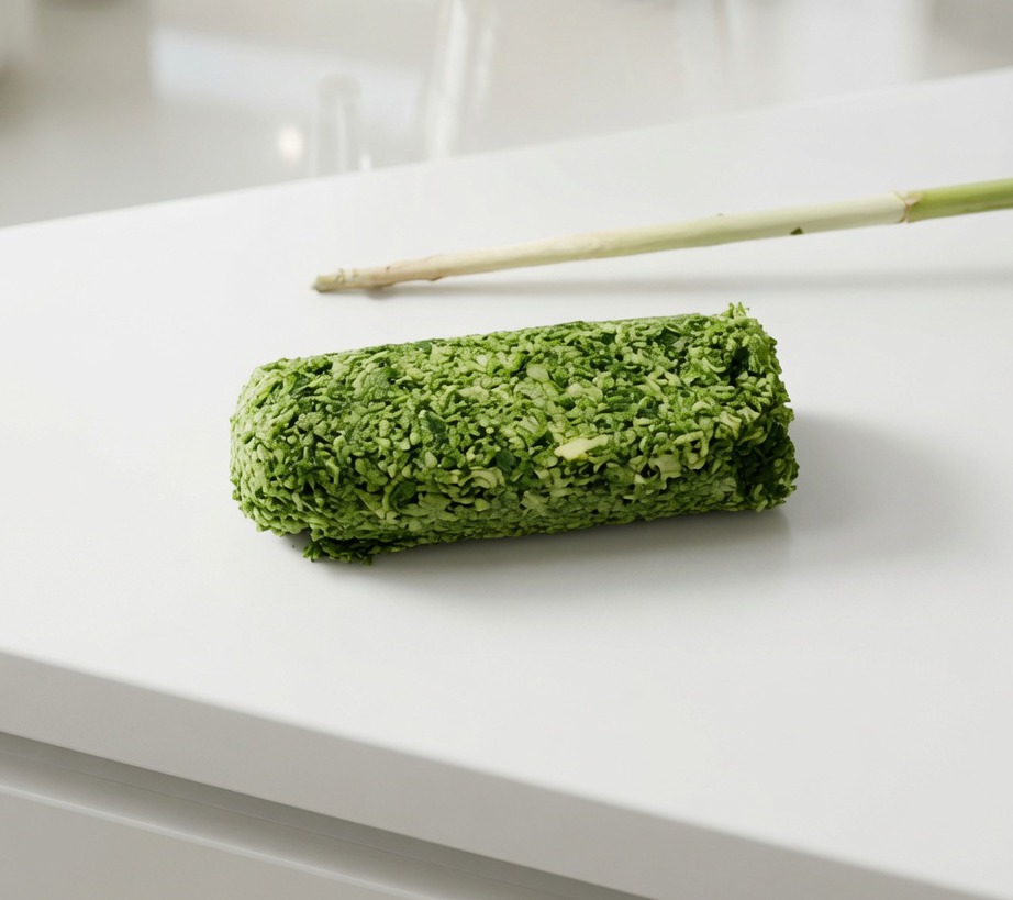 A finished log of garlic herb butter wrapped in parchment paper, ready for the freezer.